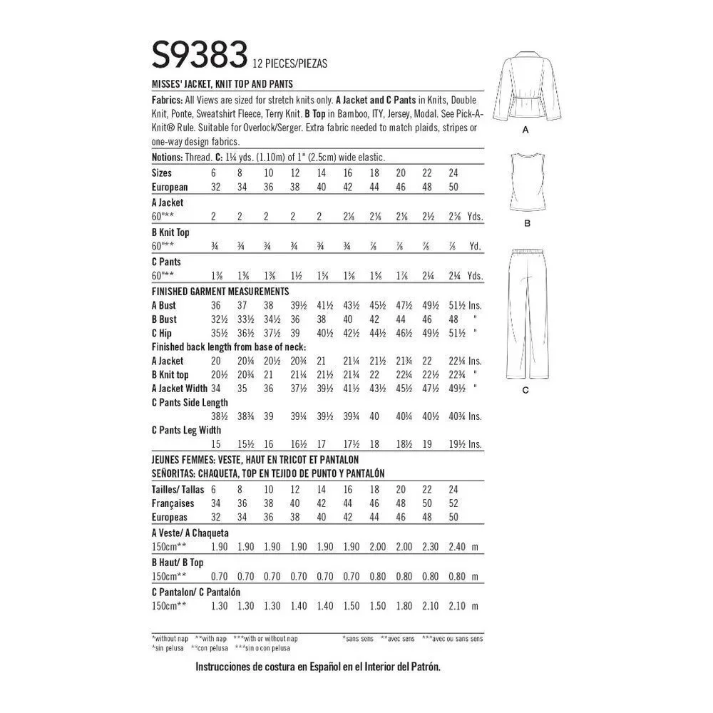 Simplicity Sewing Pattern 9383 11227 Jacket Knit Top Pants Misses Size 6-14